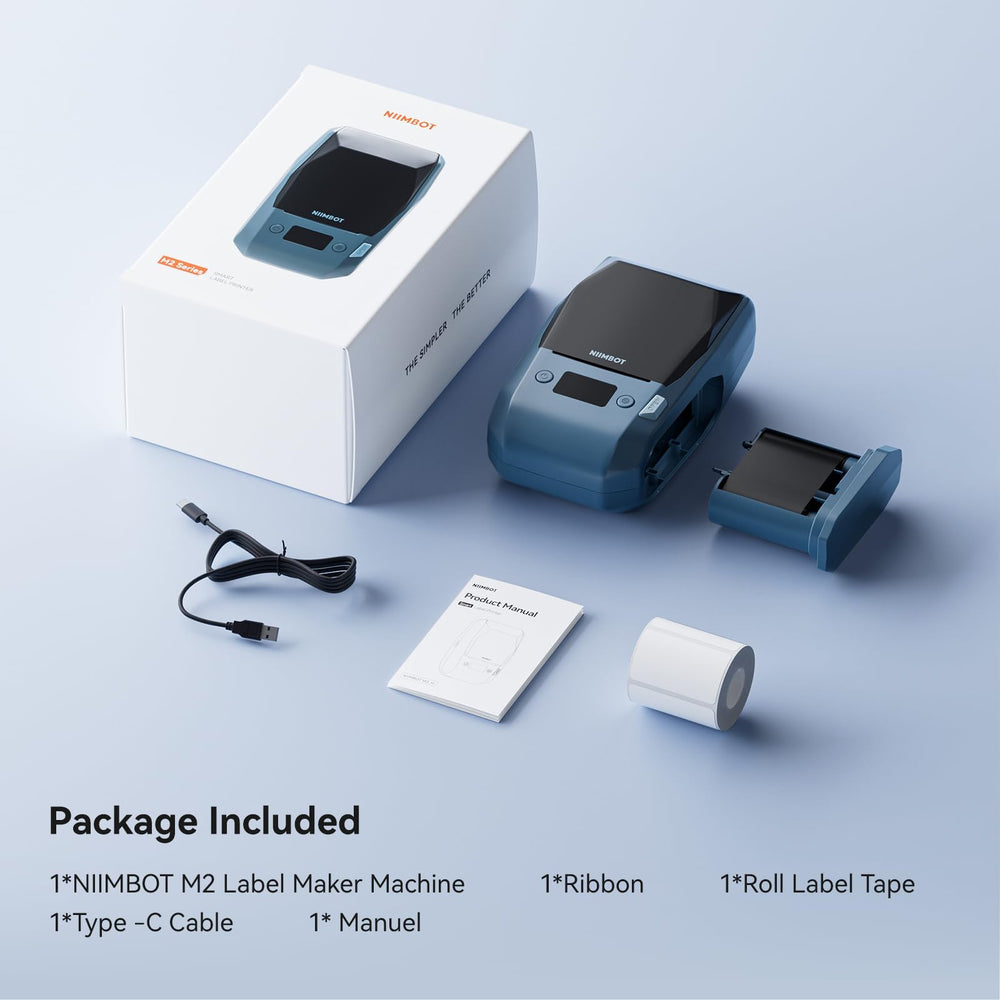 NIIMBOT M2 packaging and included accessories displayed for out-of-box readiness