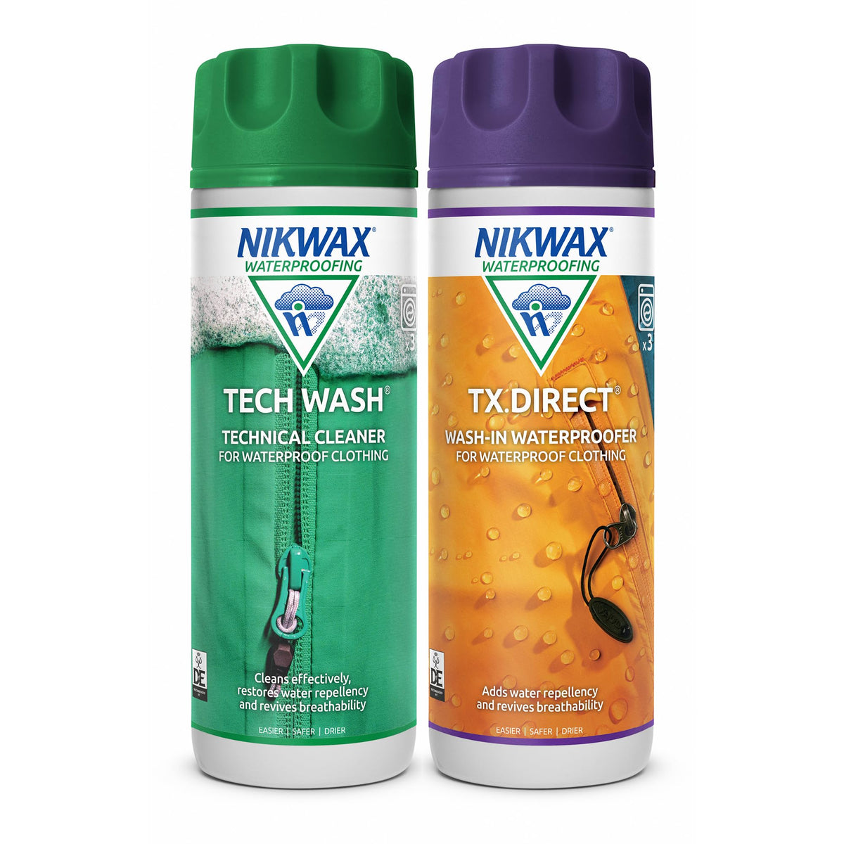 Nikwax pack frontal del dúo mostrando frascos y beneficios de mantenimiento