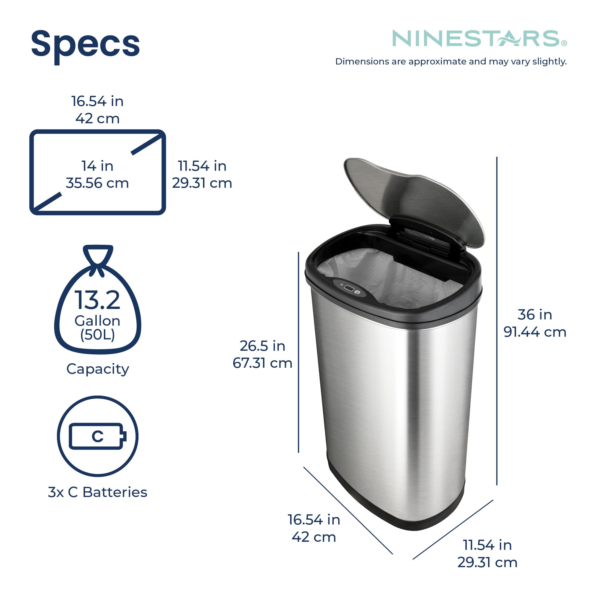 Ninestars comparación de tamaño junto a mueble para mostrar capacidad 50L