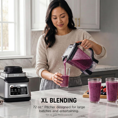 Ninja 72-oz pitcher filled with smoothie for large-batch serving