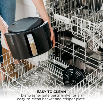 Ninja AF101 next to a hand showing 4‑quart capacity for family portions