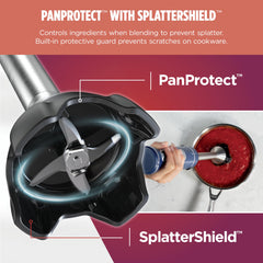 Ninja immersion arm close-up showing 9-inch stainless steel and pan-protect guard benefiting cookware safety