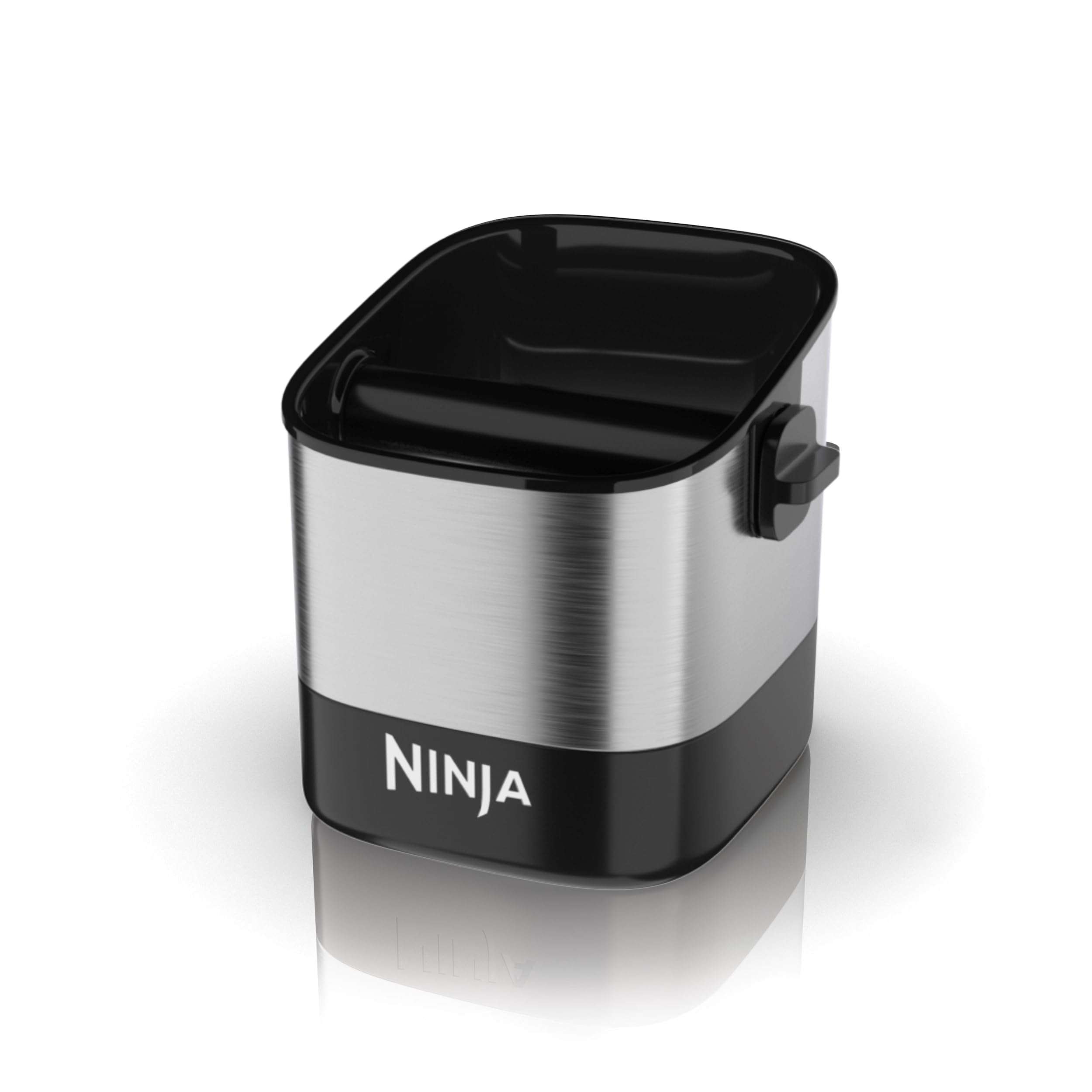 Ninja knock box front view showing stainless finish and neat footprint benefit
