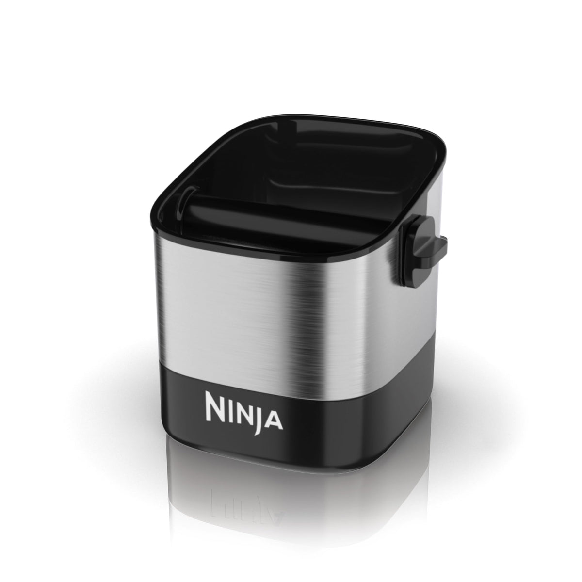 Ninja knock box front view showing stainless finish and neat footprint benefit