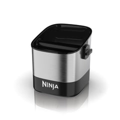 Ninja knock box front view showing stainless finish and neat footprint benefit