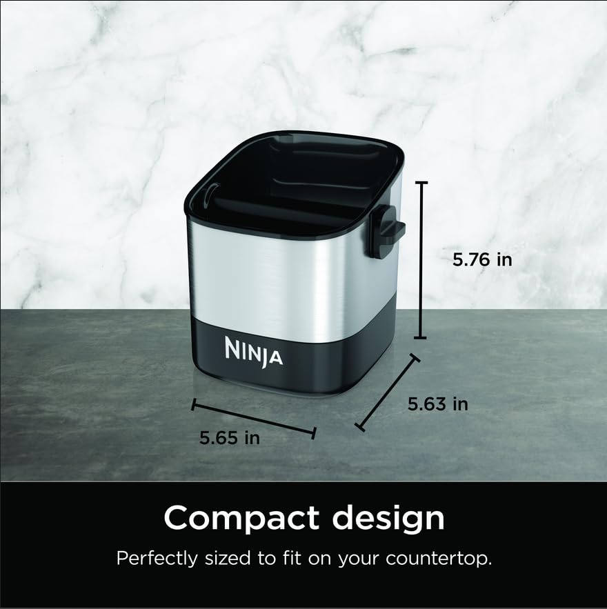 Ninja knock box on kitchen countertop next to machine offering tidy station benefit