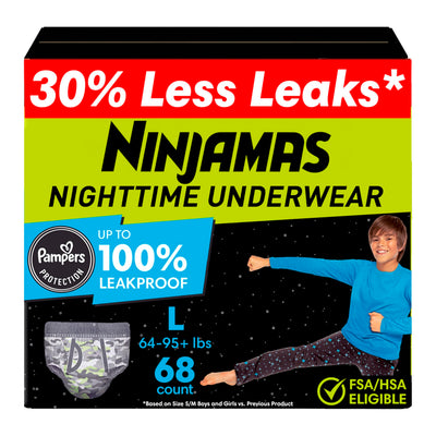 Ninjamas front packaging showing size L and 68 count benefit: clear product info