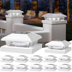 NIORSUN front view of 12-pack post cap lights showing cool white LEDs and design benefit