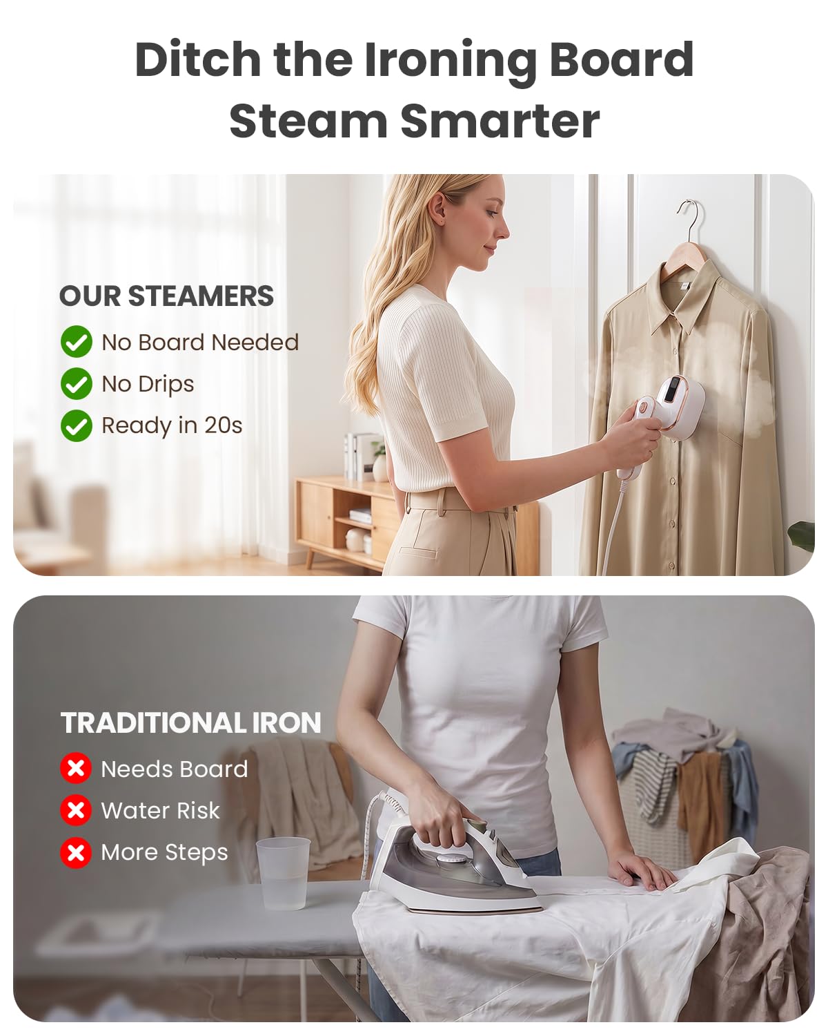 Nirrom steamer vapor actuando sobre una camisa para eliminar arrugas