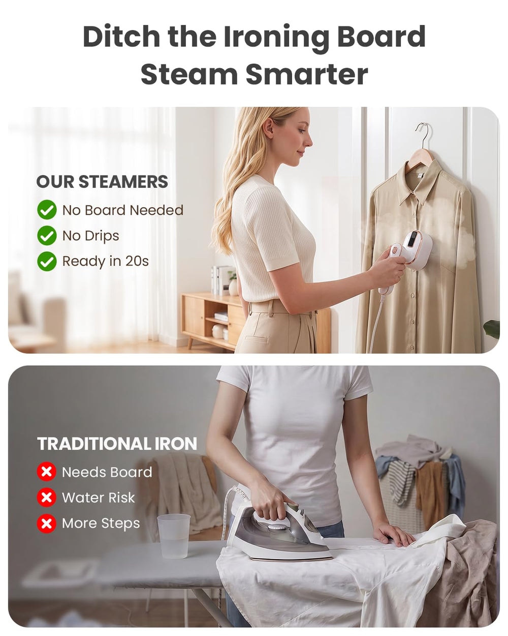 Nirrom steamer vapor actuando sobre una camisa para eliminar arrugas