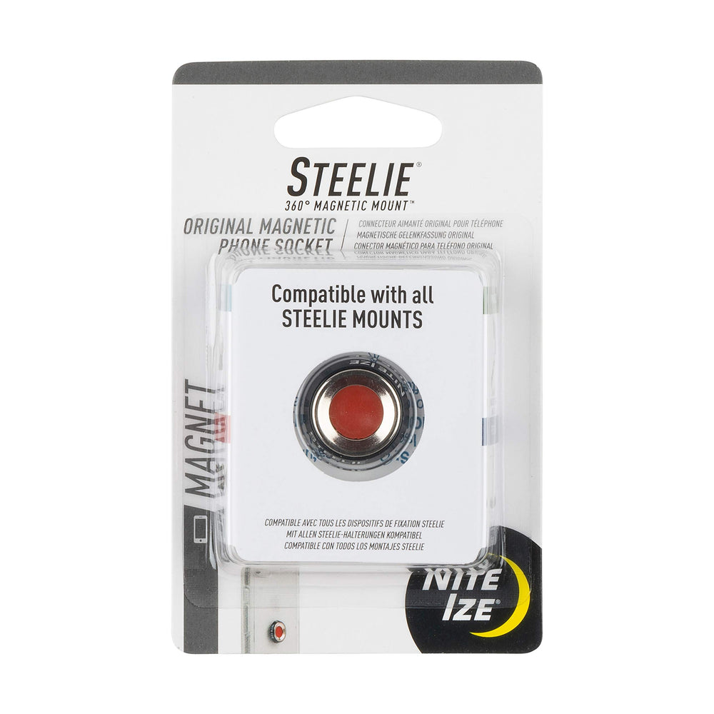 Nite Ize Steelie vista frontal del adaptador adhesivo mostrando su diseño compacto y beneficio de movilidad
