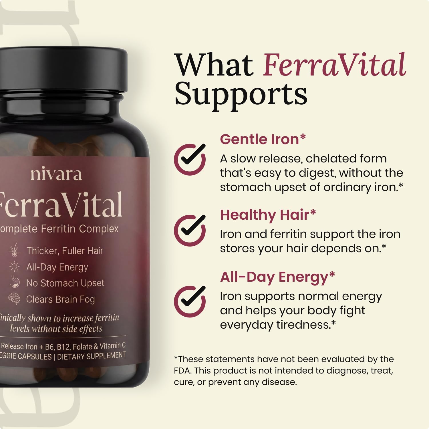 Nivara FerraVital etiqueta con ingredientes activos destacando B12 y metilfolato beneficios