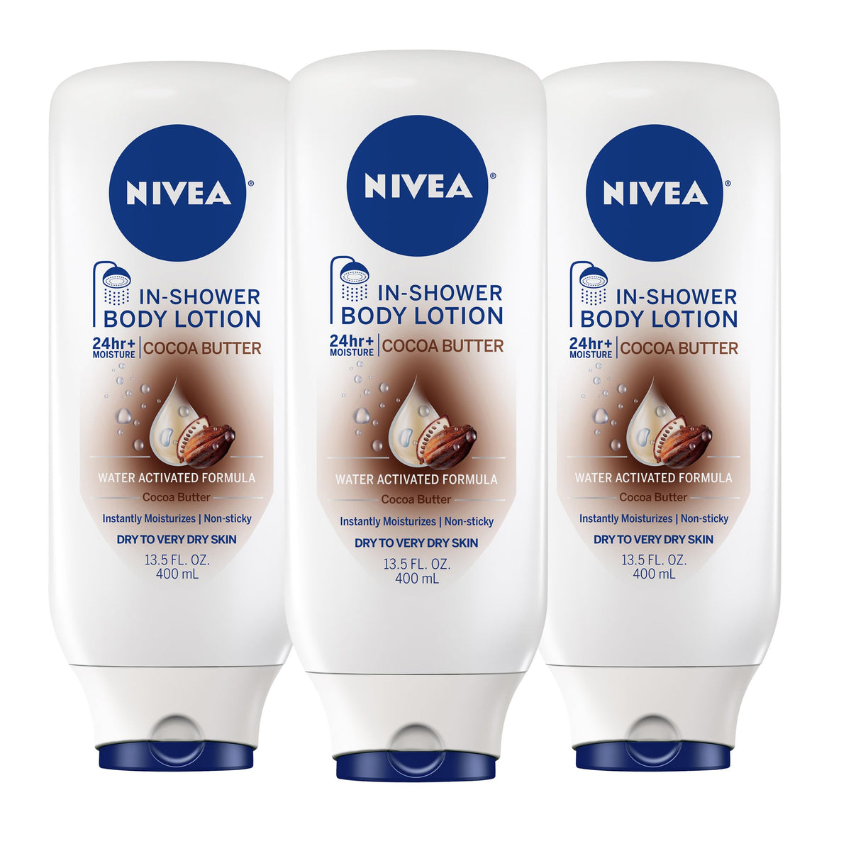 NIVEA frontal del pack triple mostrando botellas y beneficio hidratación