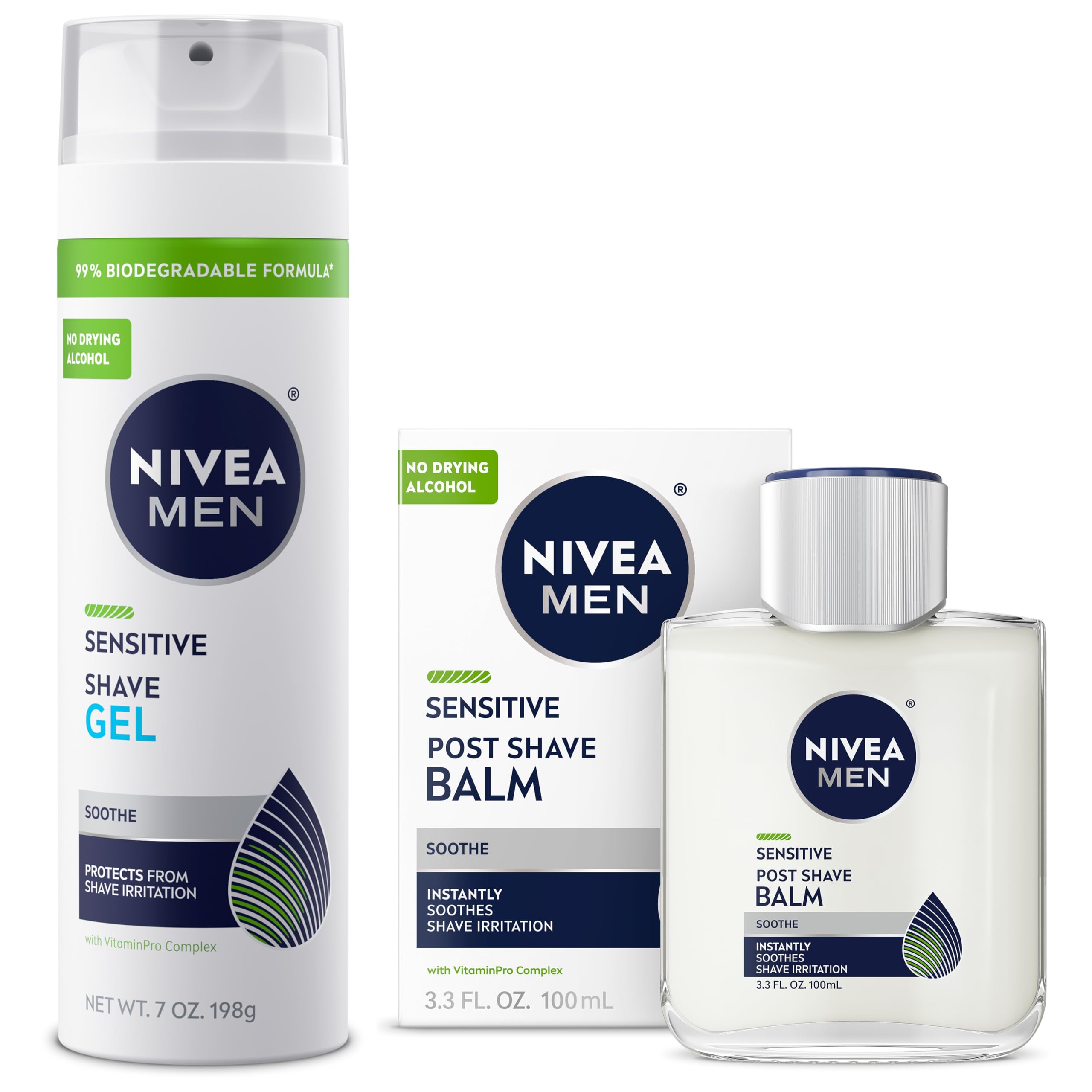 NIVEA MEN pack de afeitado frontal mostrando gel y bálsamo, conveniencia
