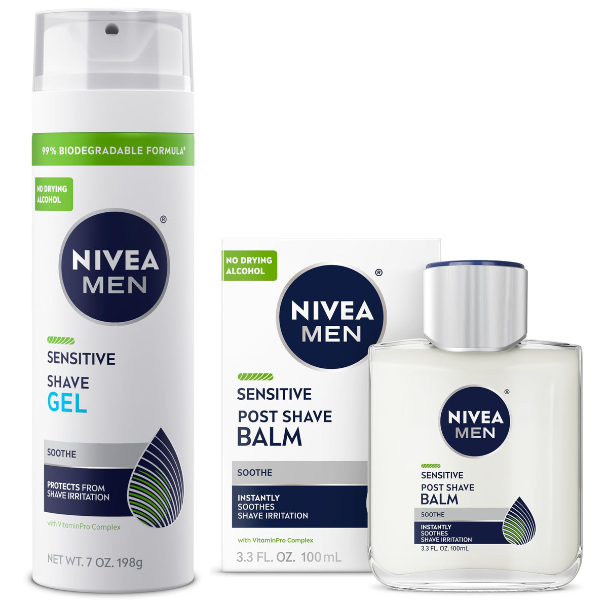 NIVEA MEN pack de afeitado frontal mostrando gel y bálsamo, conveniencia