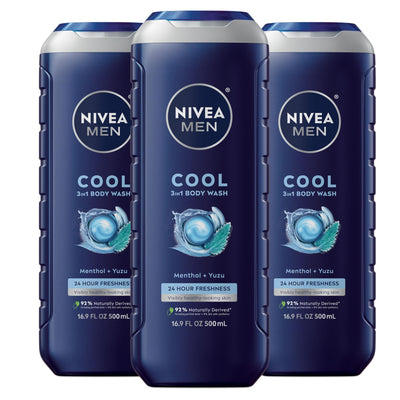 NIVEA MEN imagen frontal del pack tres botellas, presentación y tamaño práctico