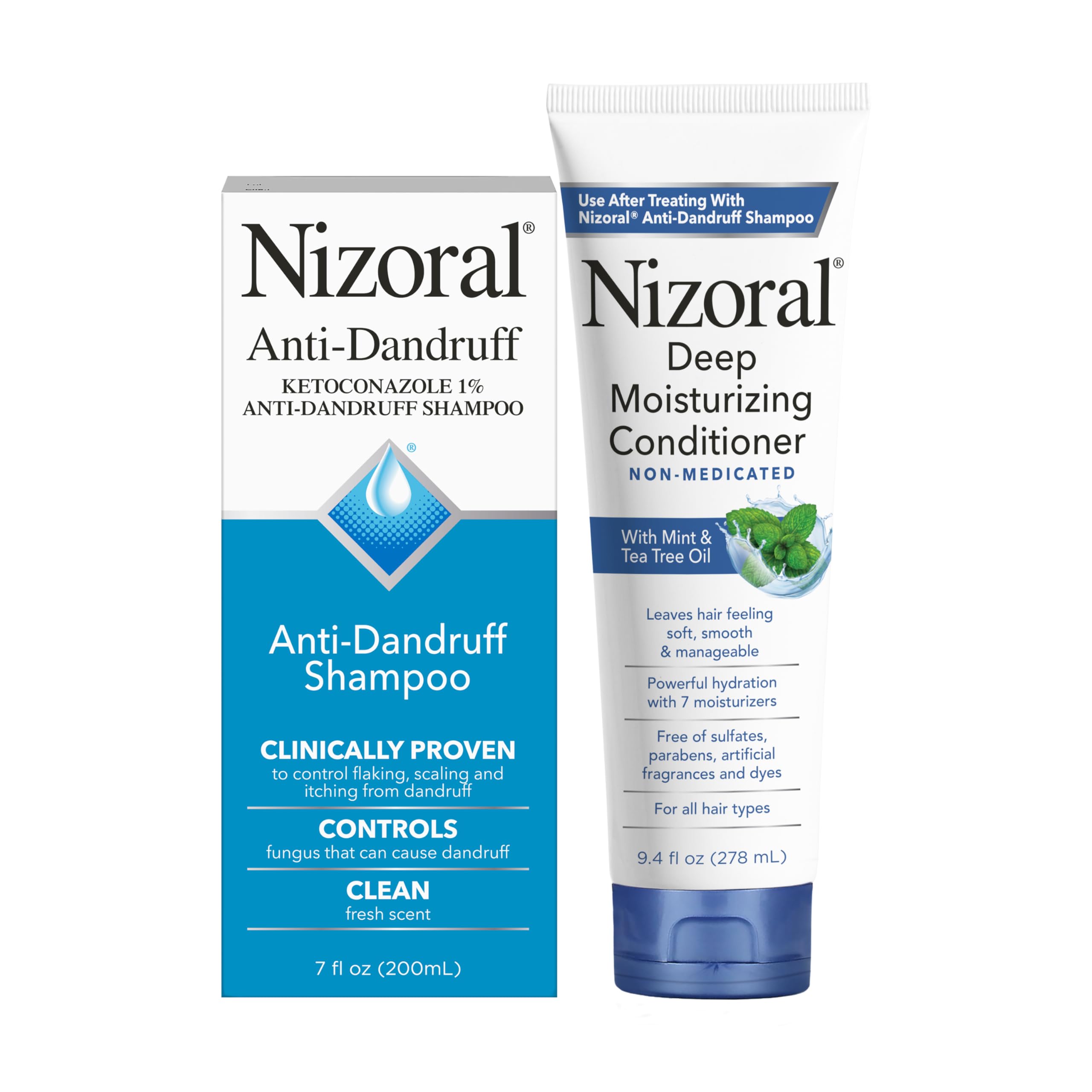 Nizoral pack frontal mostrando shampoo y acondicionador, presentación clara y útil