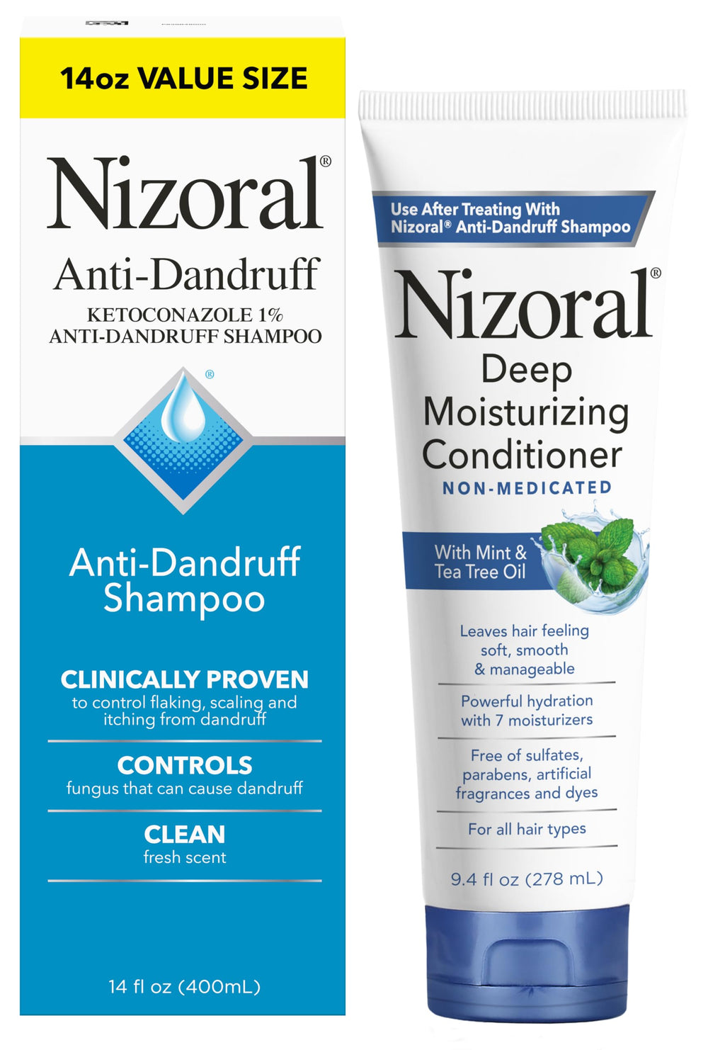 Nizoral pack frontal mostrando champú y acondicionador para control de caspa