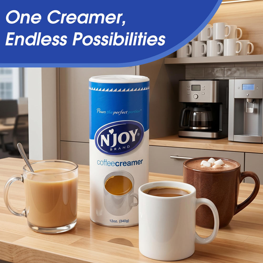 N'Joy creamer being poured into coffee for creamier, smoother cup