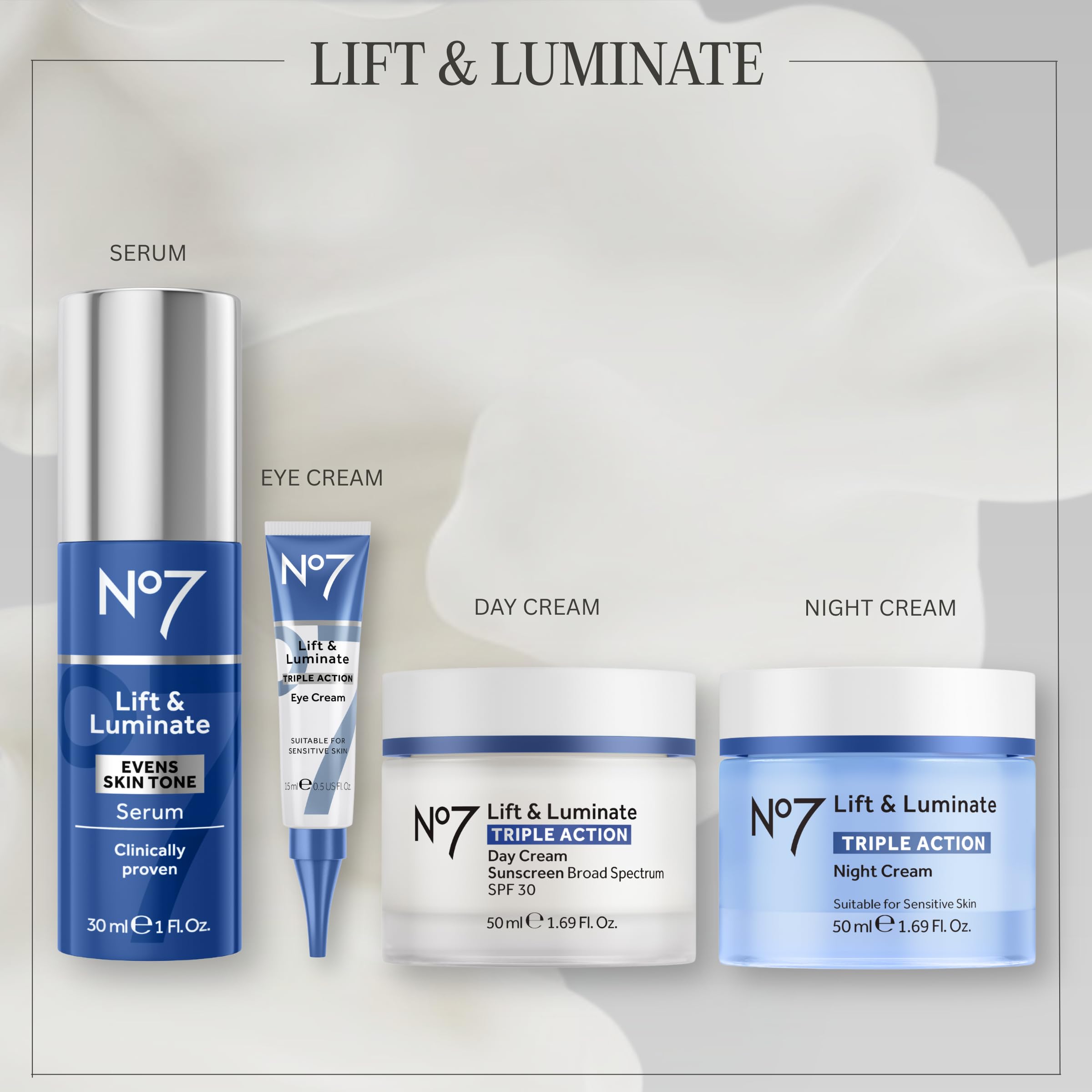 No7 crema en ambiente con accesorios, sugiere rutina matutina completa