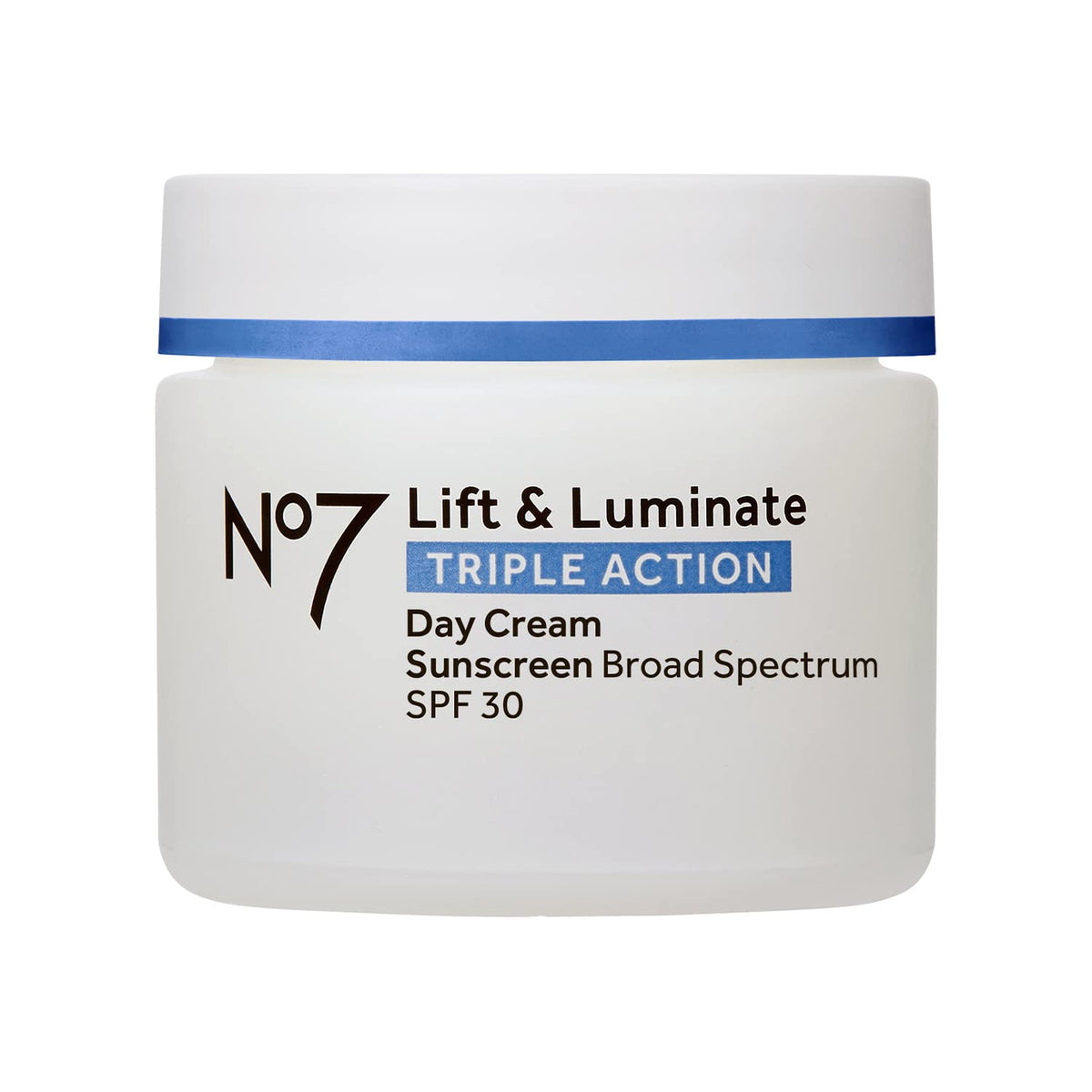 No7 crema día SPF 30 frasco frente, protección y hidratación visible