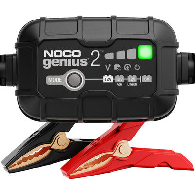 NOCO GENIUS2 front view showing compact charger and status LEDs for quick identification and reliability