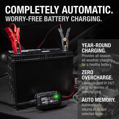 NOCO GENIUS2 in a garage with tools and vehicles highlighting dependable everyday battery care