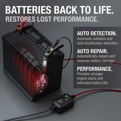 NOCO GENIUS5 charging a motorcycle battery illustrating recovery of deeply discharged batteries