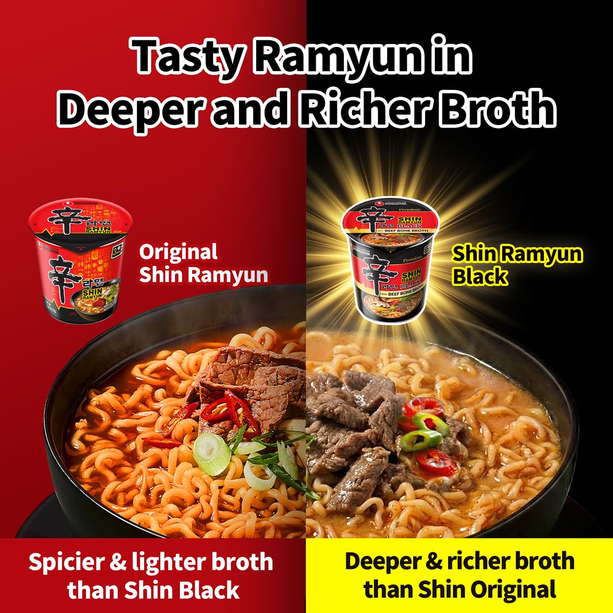 Nongshim Shin Ramyun Black caldo oscuro y rico con aspecto sabroso