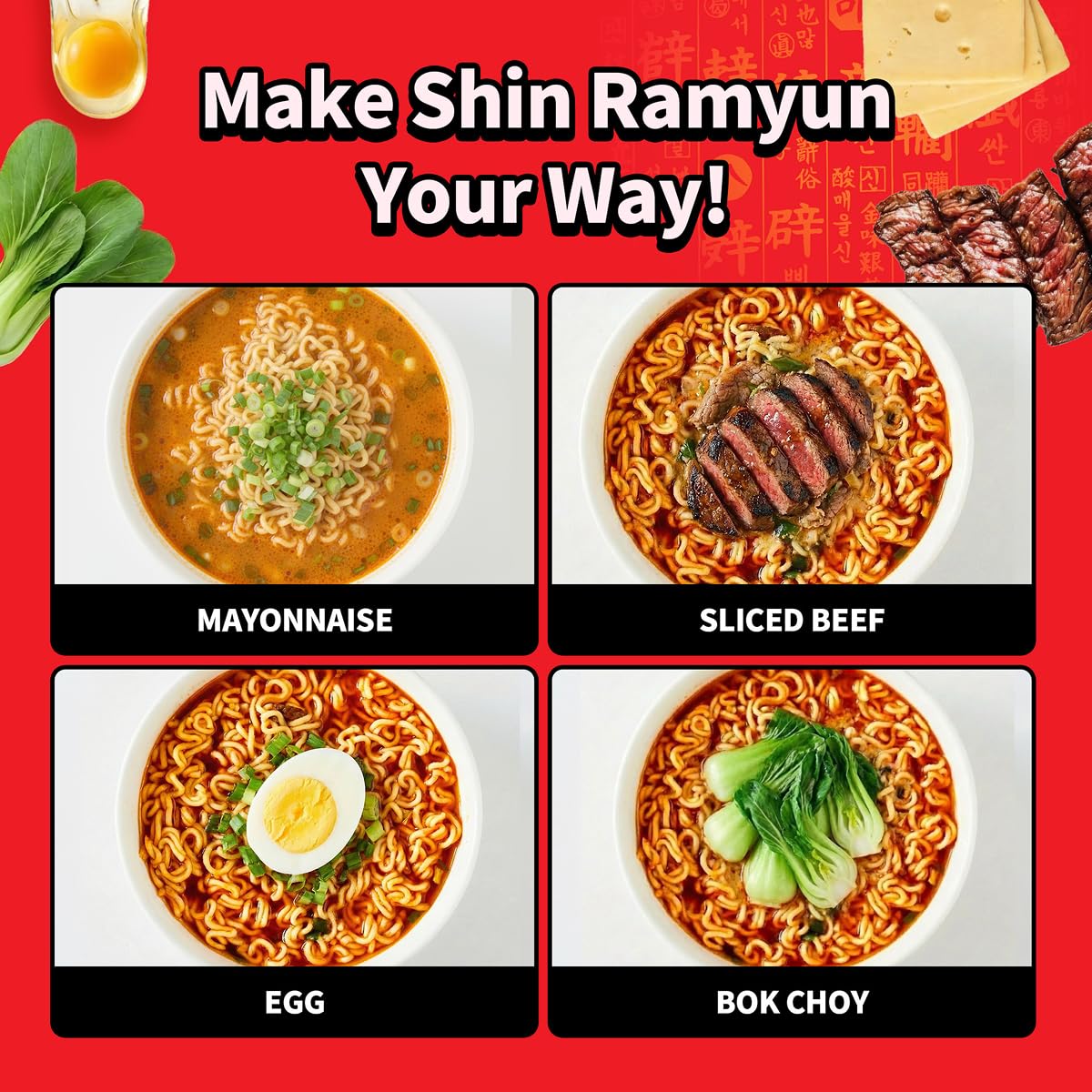 Nongshim ingredientes frescos y toppings junto al paquete para personalizar