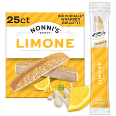 Nonni's paquete frontal mostrando 25 biscotti, conveniencia para snacks