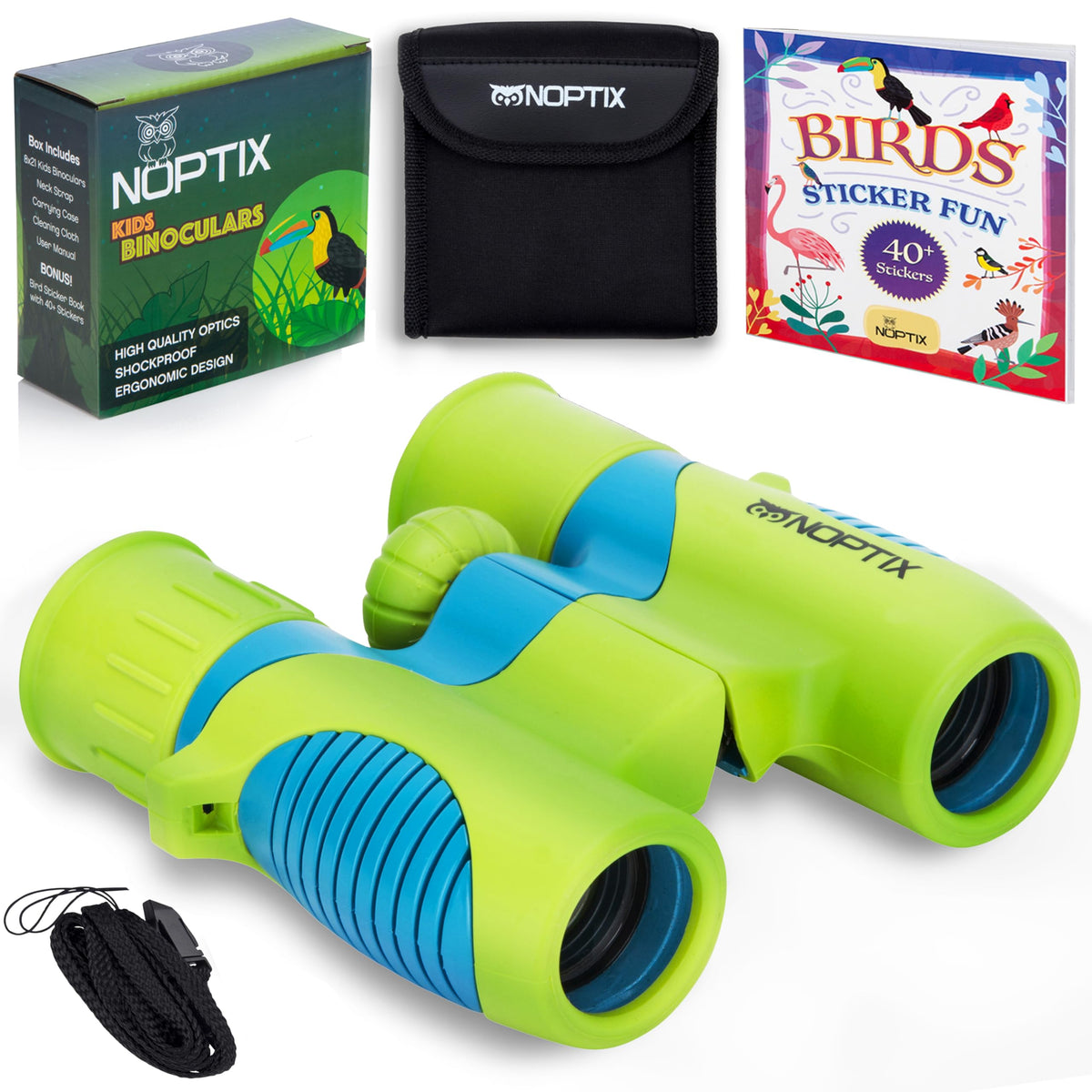 Noptix prismáticos frontal en verde mostrando diseño resistente y portabilidad