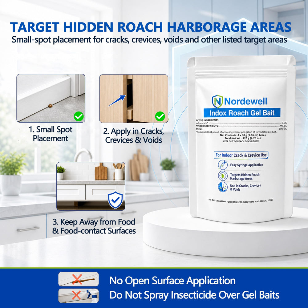 Nordewell bait behind refrigerator illustrating targeted treatment in appliance hiding spots