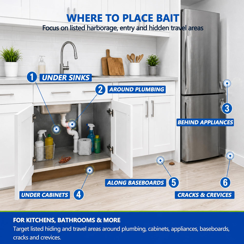 Nordewell bait placed in kitchen baseboard area showing tidy, low-profile indoor application
