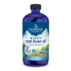 Nordic Naturals frente del envase de Arctic Cod Liver Oil con información visible y beneficio de omega‑3
