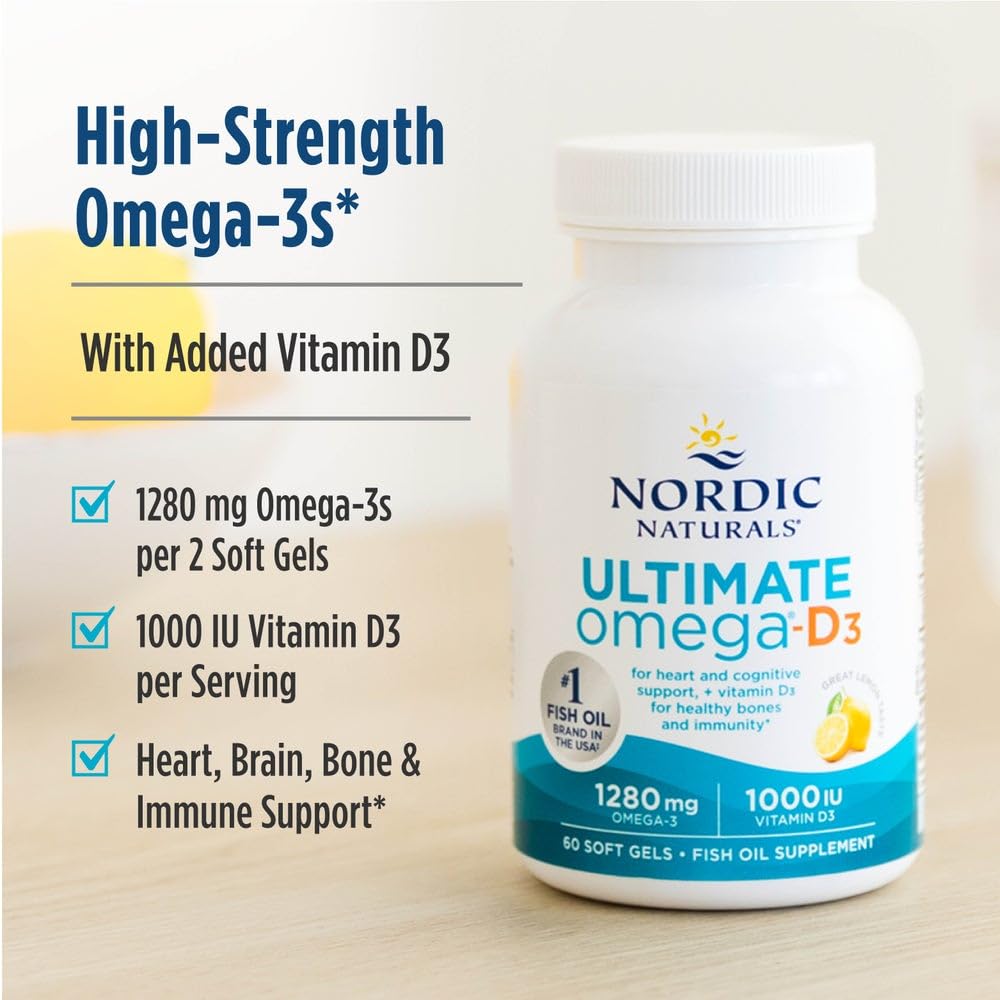 Nordic Naturals bottle open with softgels spread showing daily convenience