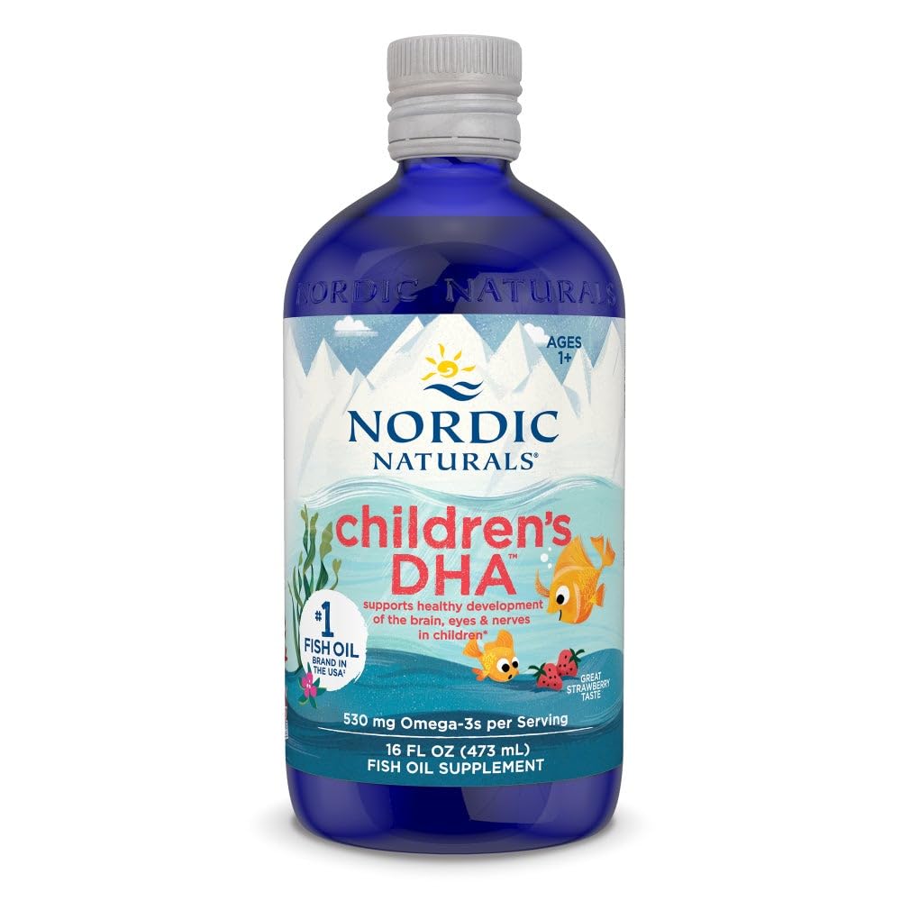 Nordic Naturals frasco frontal con sabor fresa, fácil administración y confianza