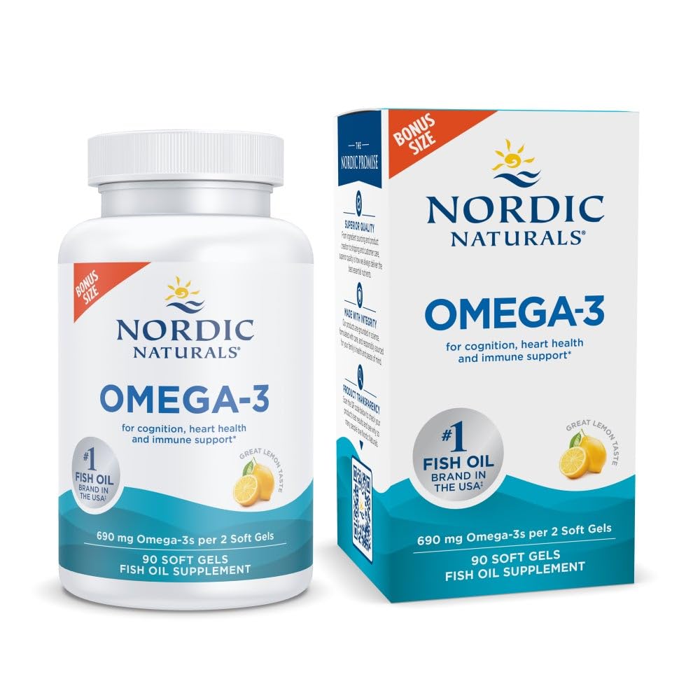 Nordic Naturals frente del envase mostrando 90 cápsulas y beneficios