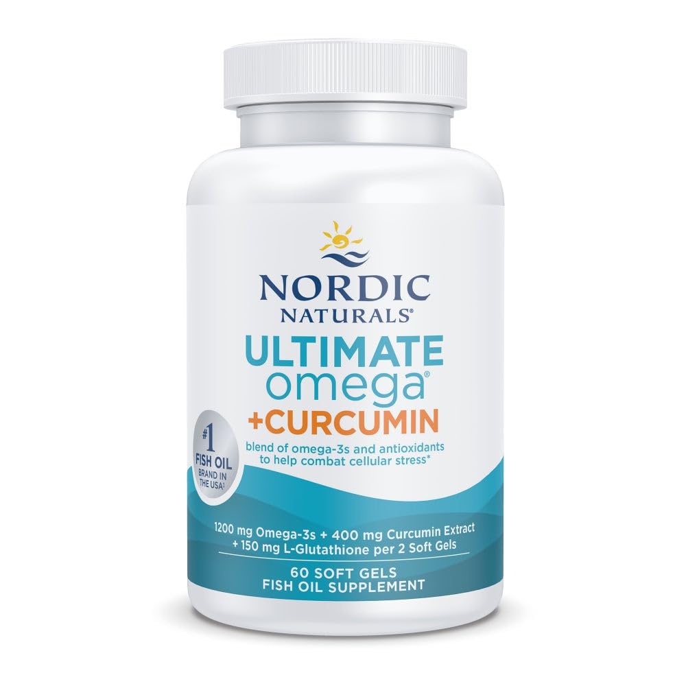 Nordic Naturals empaque frontal mostrando fórmula omega‑3 y curcumina, confianza en pureza