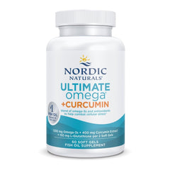 Nordic Naturals empaque frontal mostrando fórmula omega‑3 y curcumina, confianza en pureza