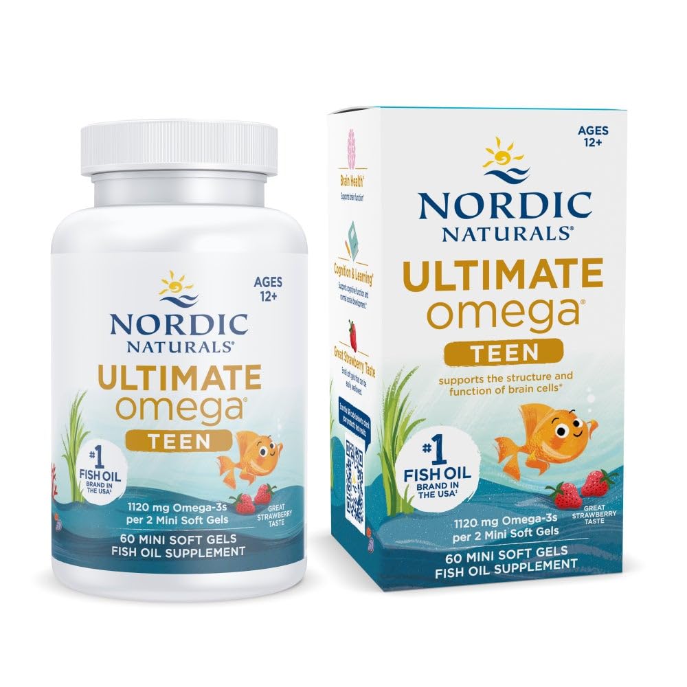 Nordic Naturals front packaging showing bottle and strawberry flavor benefit