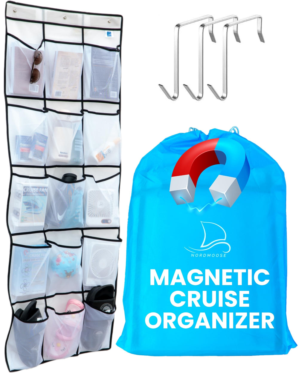 Nordmoose organizador frontal mostrando 15 bolsillos para maximizar espacio