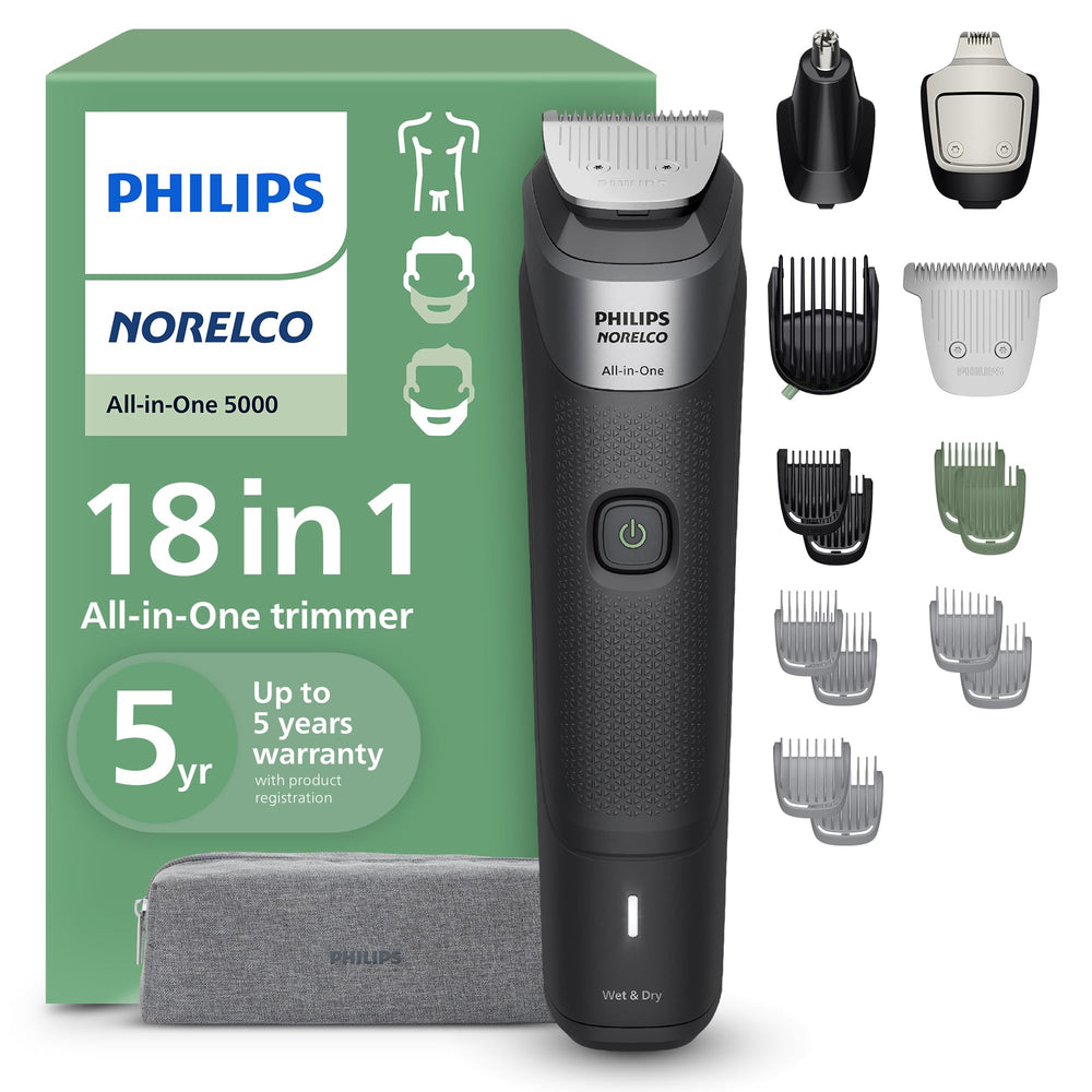 Norelco All-in-One 5000 vista frontal con controles visibles y diseño ergonómico