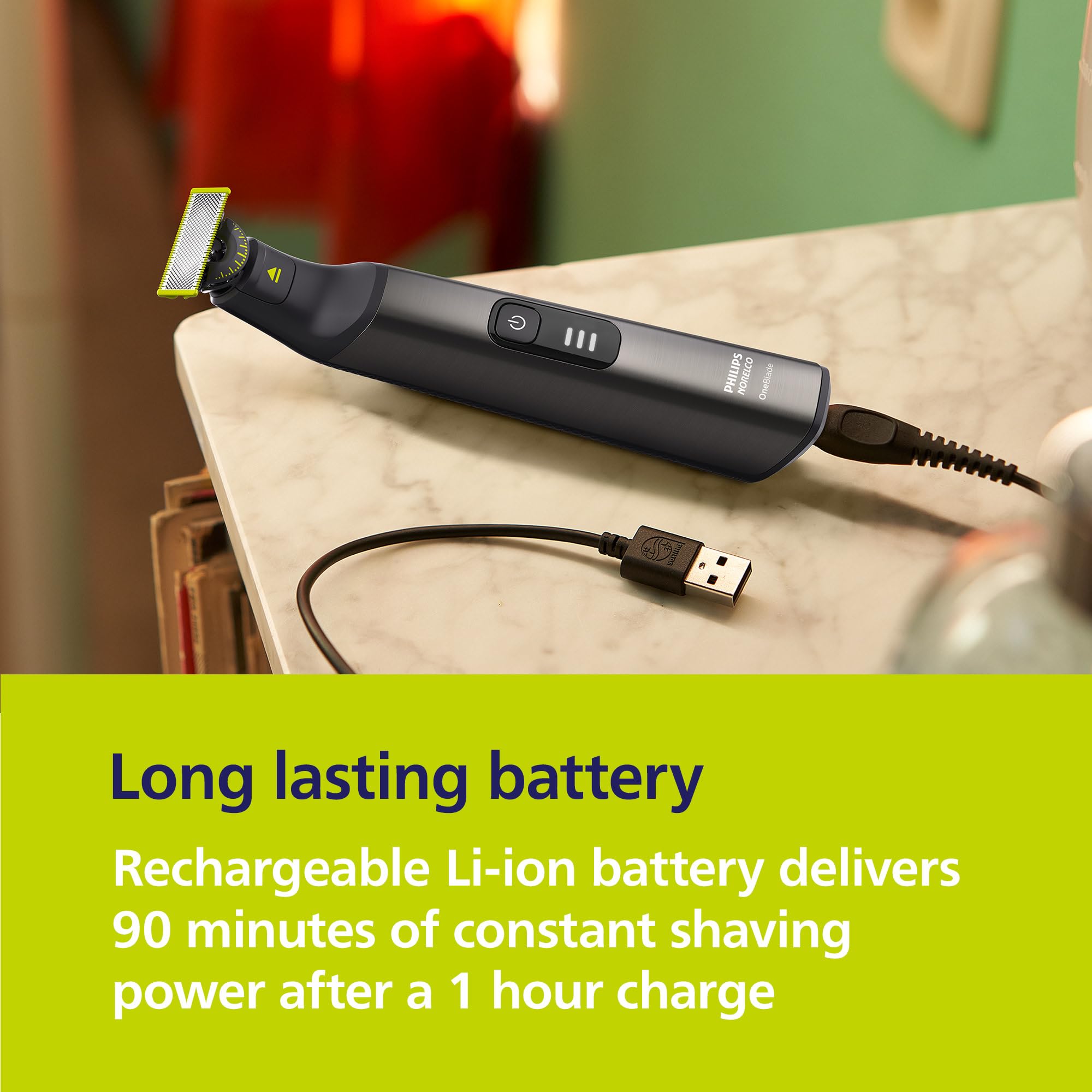 Norelco OneBlade Pro LED battery indicator lit to show long runtime advantage