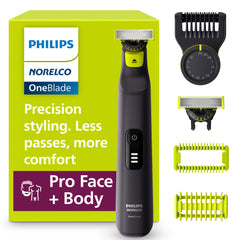 Norelco OneBlade Pro front view showing controls and ergonomic grip for precision