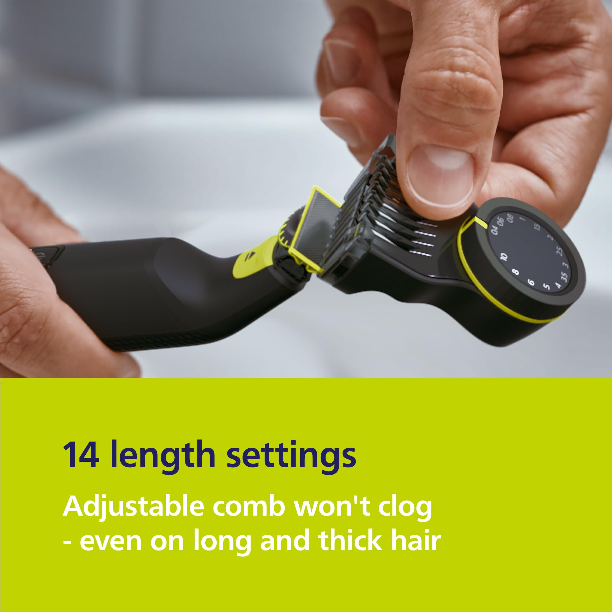 Norelco OneBlade Pro with 14-length comb and body attachments for personalized trimming