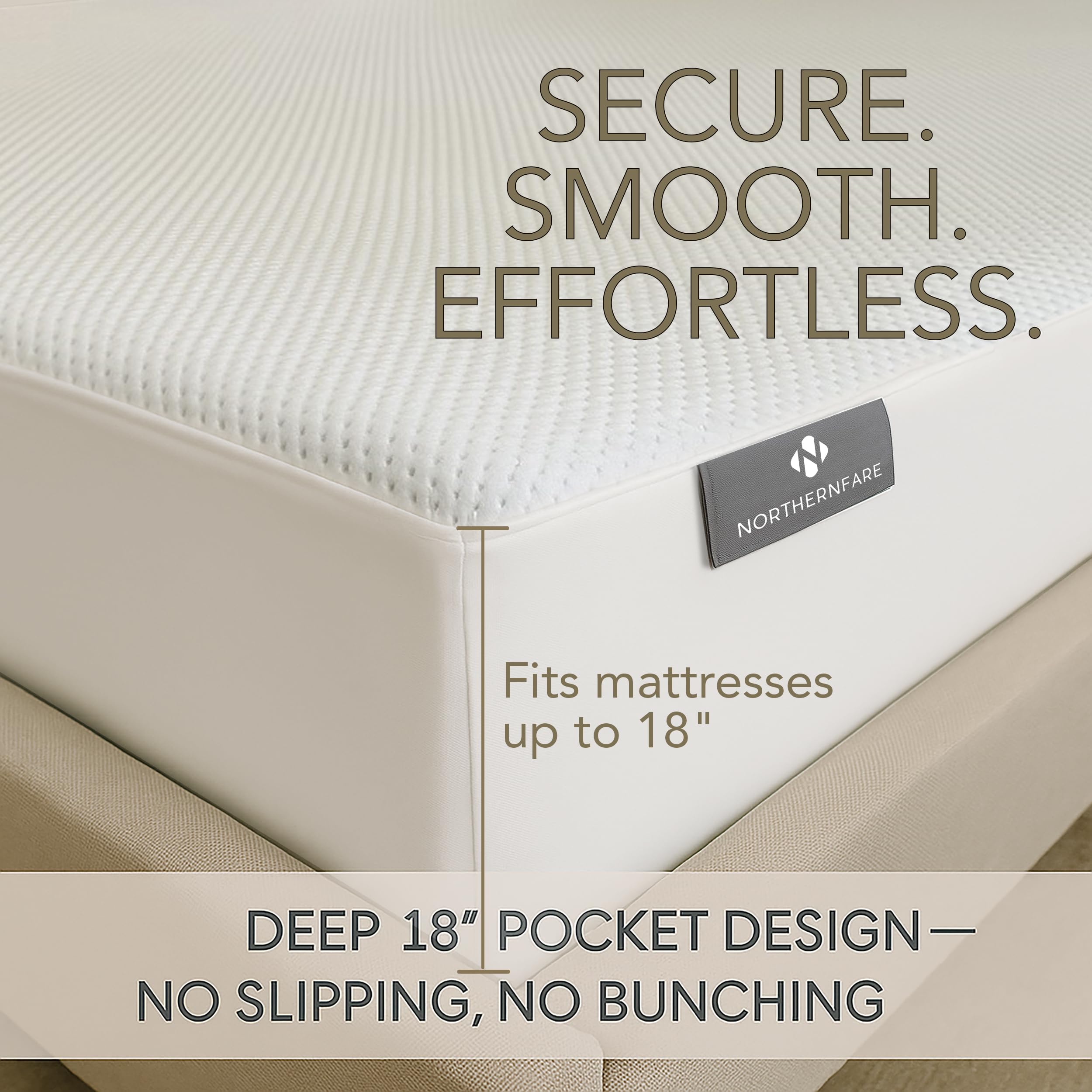 NORTHERNFARE protector in use on a made king bed for quiet comfort