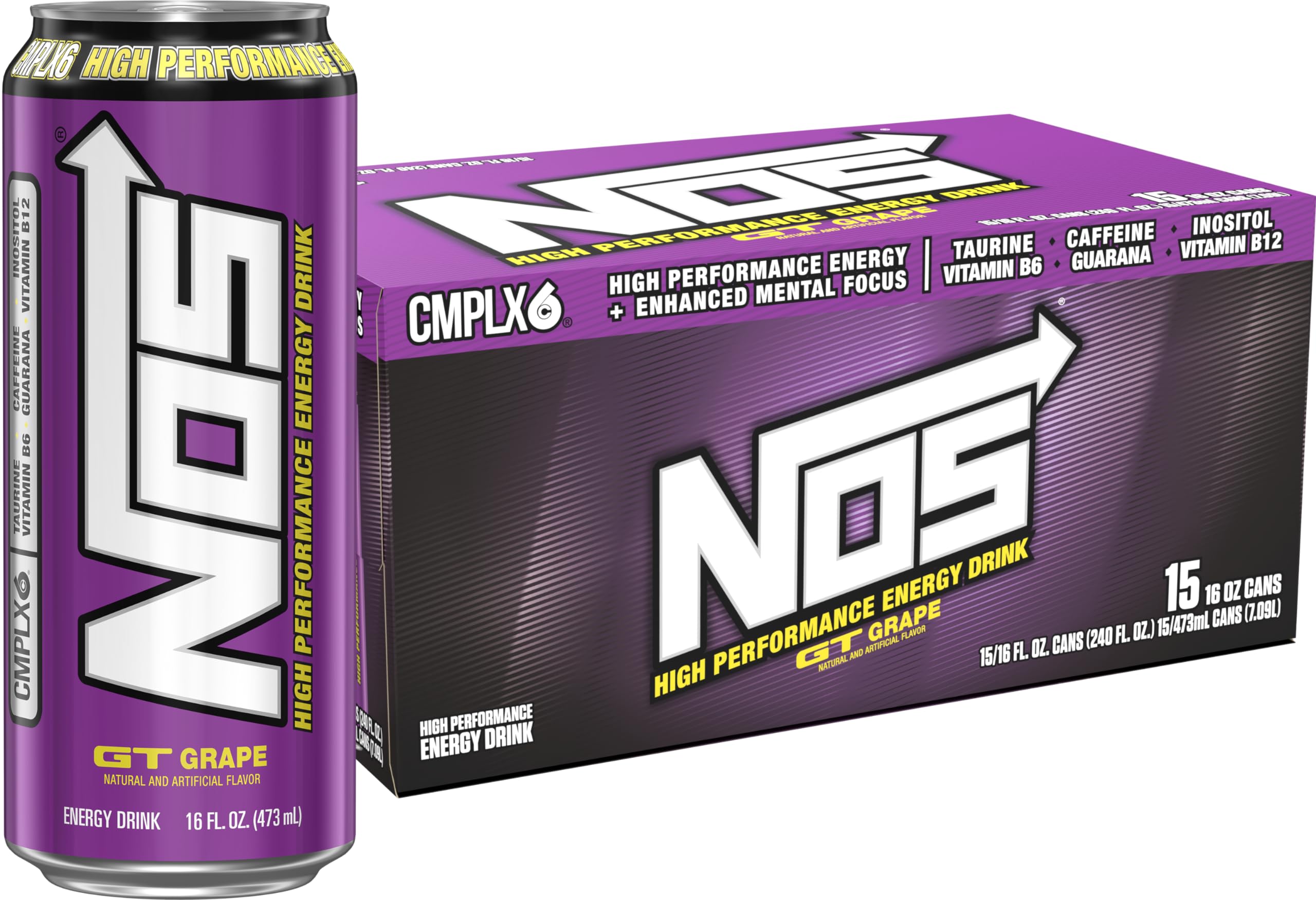 Lata NOS GT Grape frontal mostrando etiqueta y tamaño, ideal para energía rápida