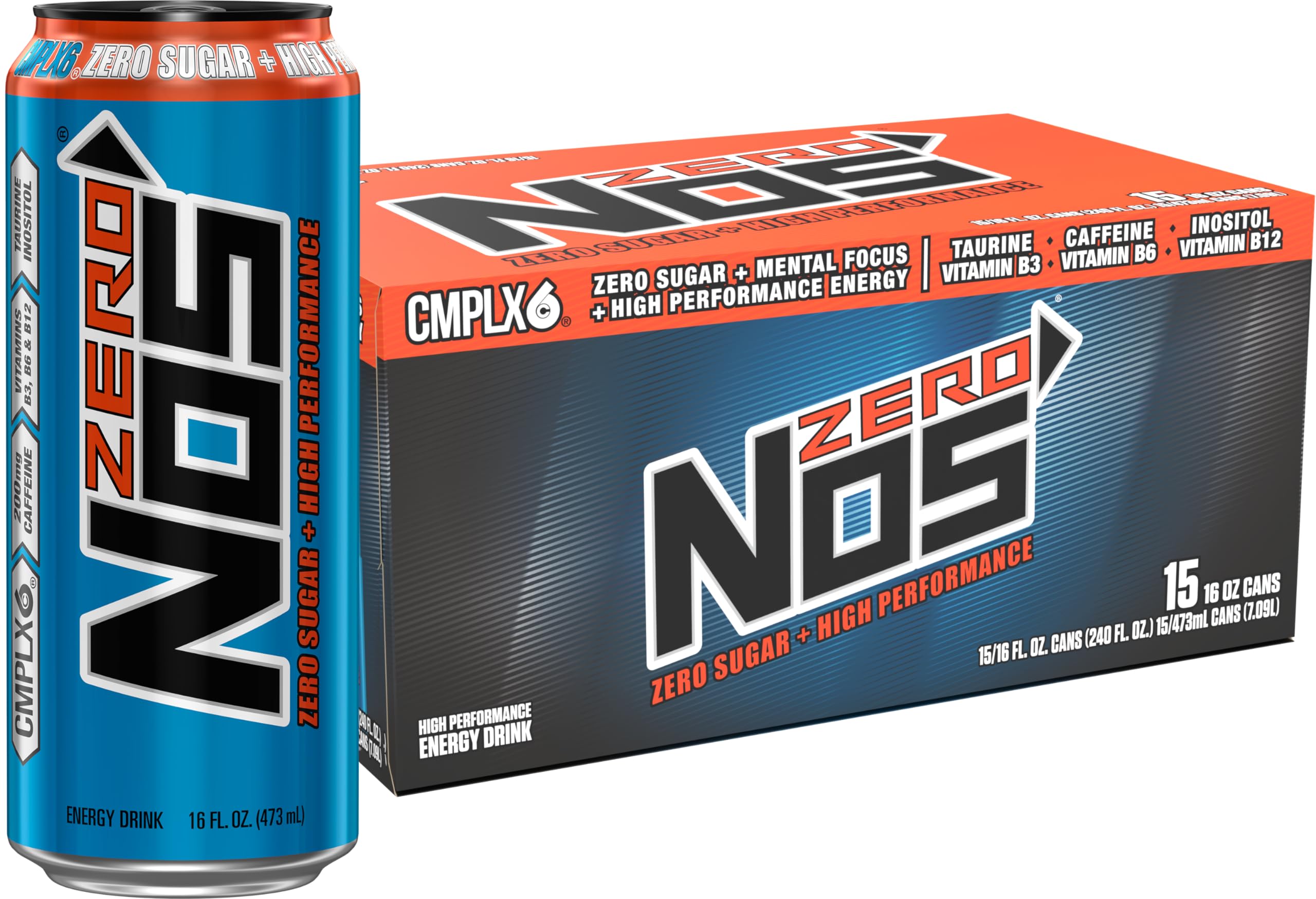 NOS lata frontal en 16 fl oz mostrando etiqueta y beneficio de energía sin azúcar
