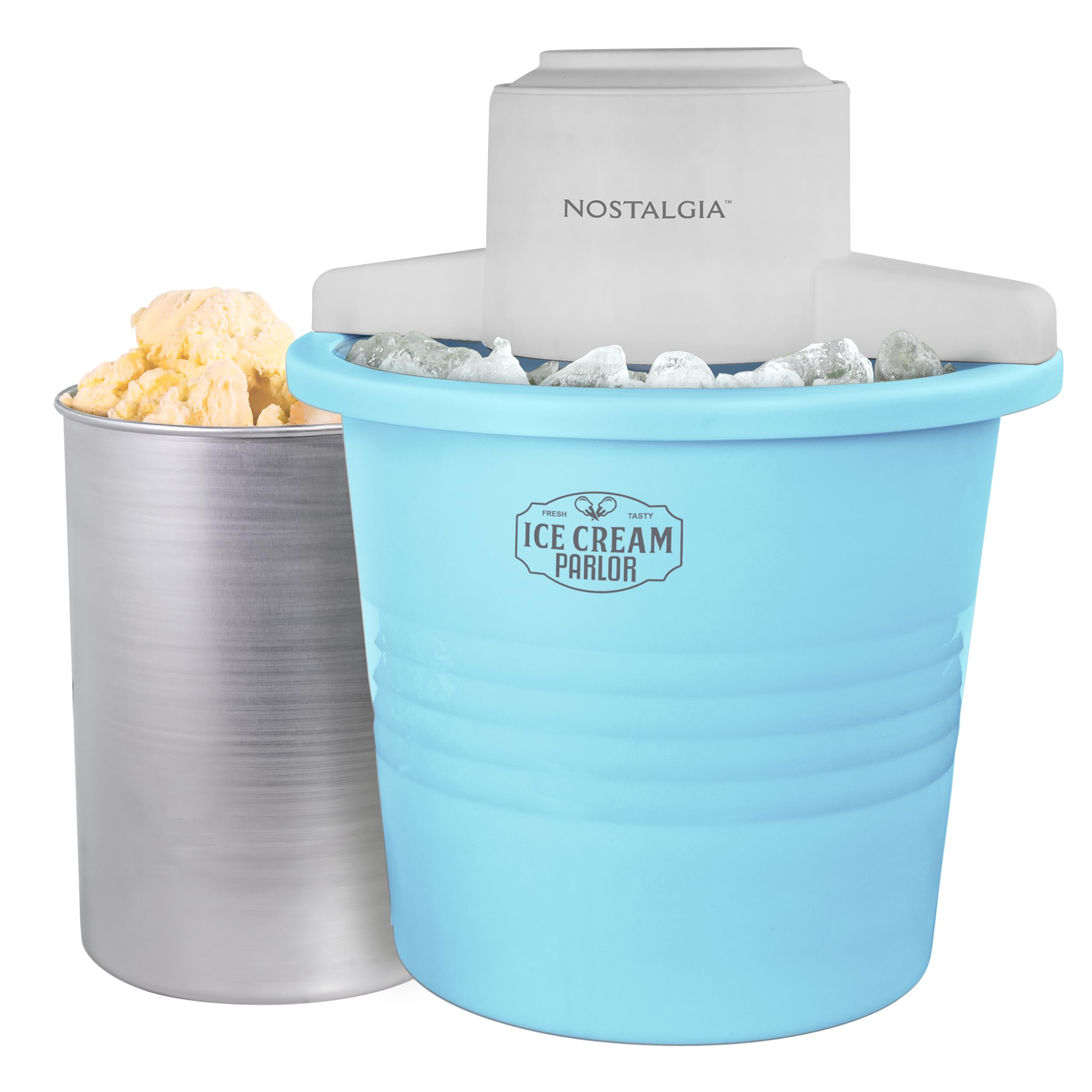 nostalgia front view of blue ice cream maker showing retro design and ease